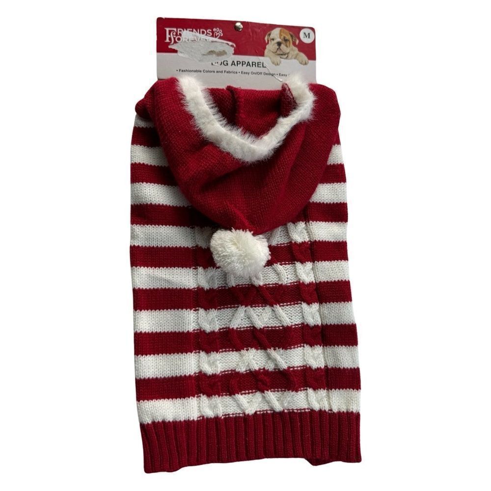 Friends Forever Pet Holiday Cable Knit Red White Sweater Hooded Size Medium NWT